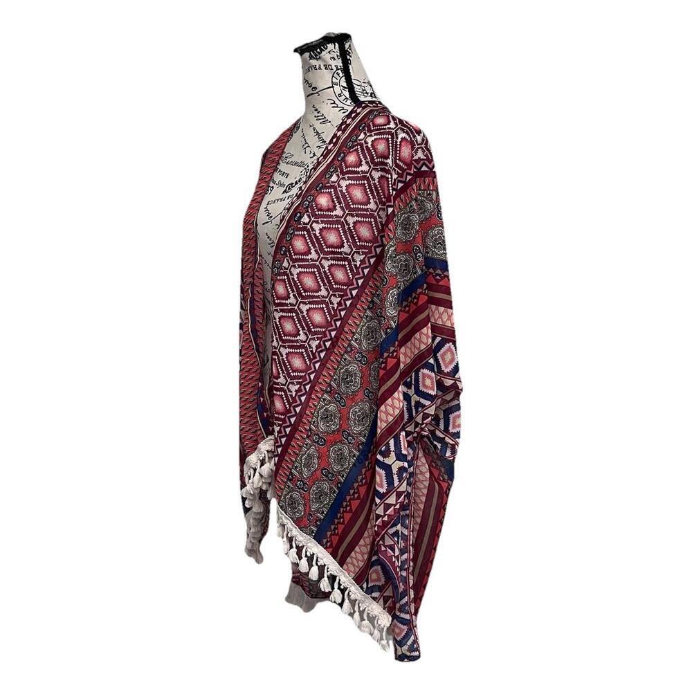 Boho Aztec Tribal Print Kimono Tassel Fringe Sheer Duster Festival Bohemian O/S - Picture 3 of 8